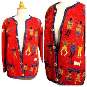 Vintage AMANO Hand Knit Wool Red Aztec Cardigan - L/XL